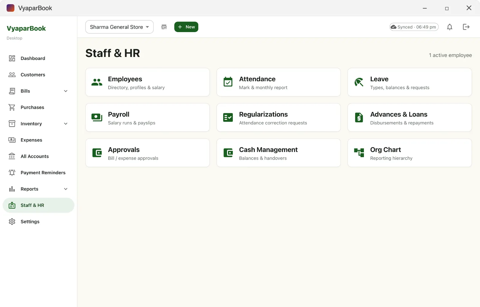 Staff and HR screen with payroll and attendance in VyaparBook for Windows