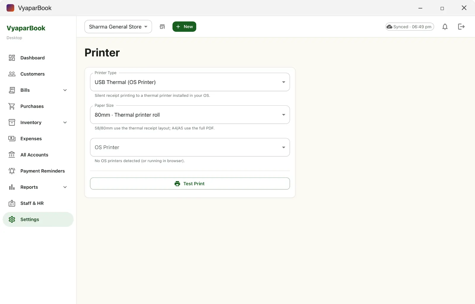 Printer settings for thermal and A4 printing in VyaparBook for Windows