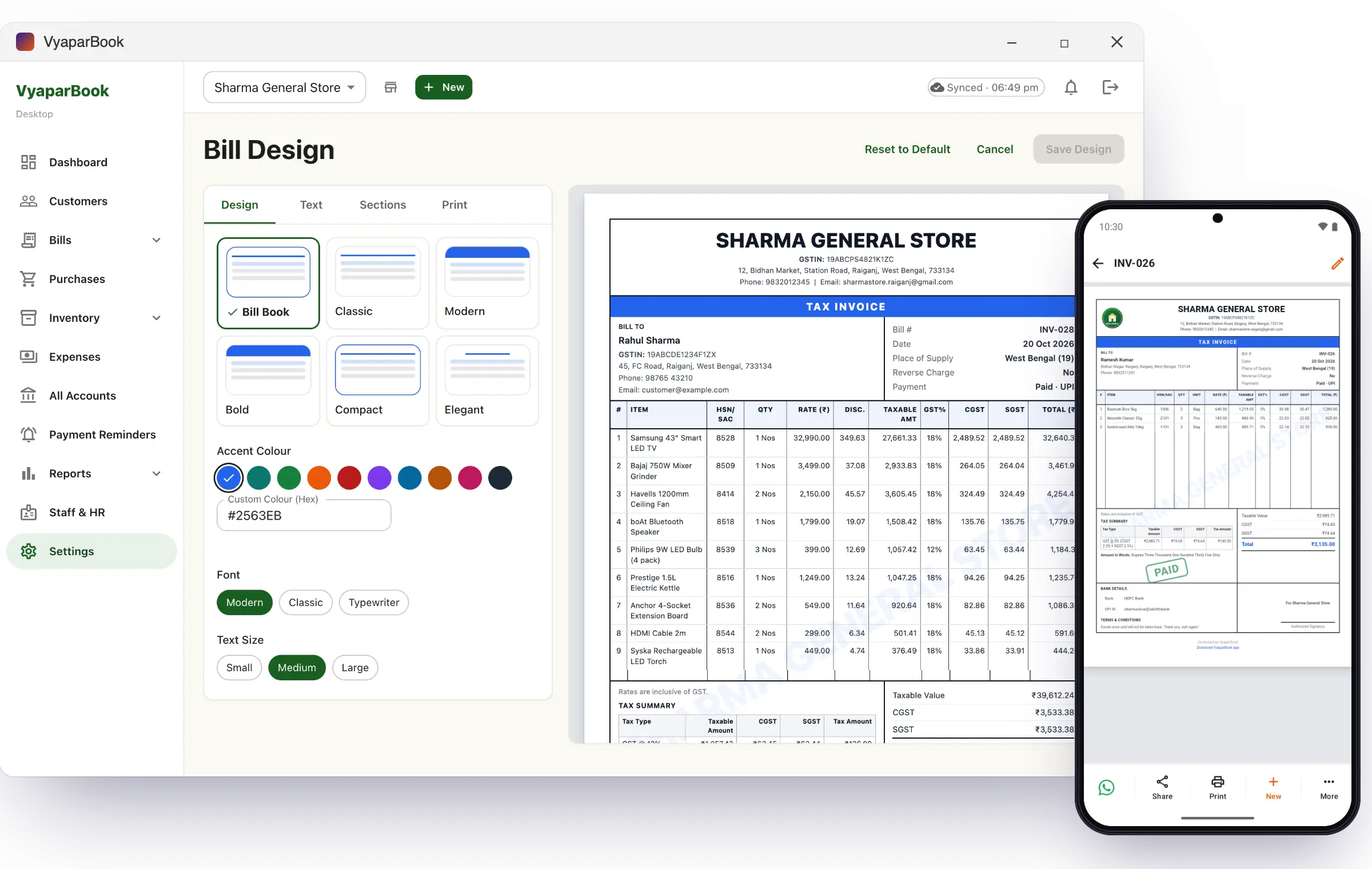 Six bill templates in VyaparBook with a tax invoice preview and logo
