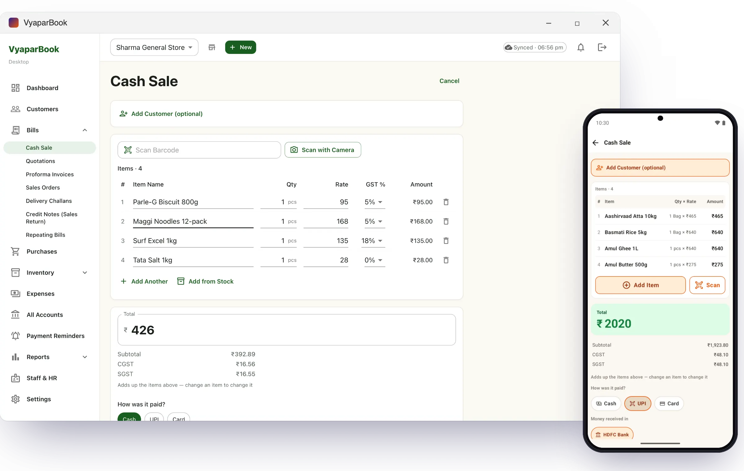 Cash sale counter screen in the VyaparBook Windows app